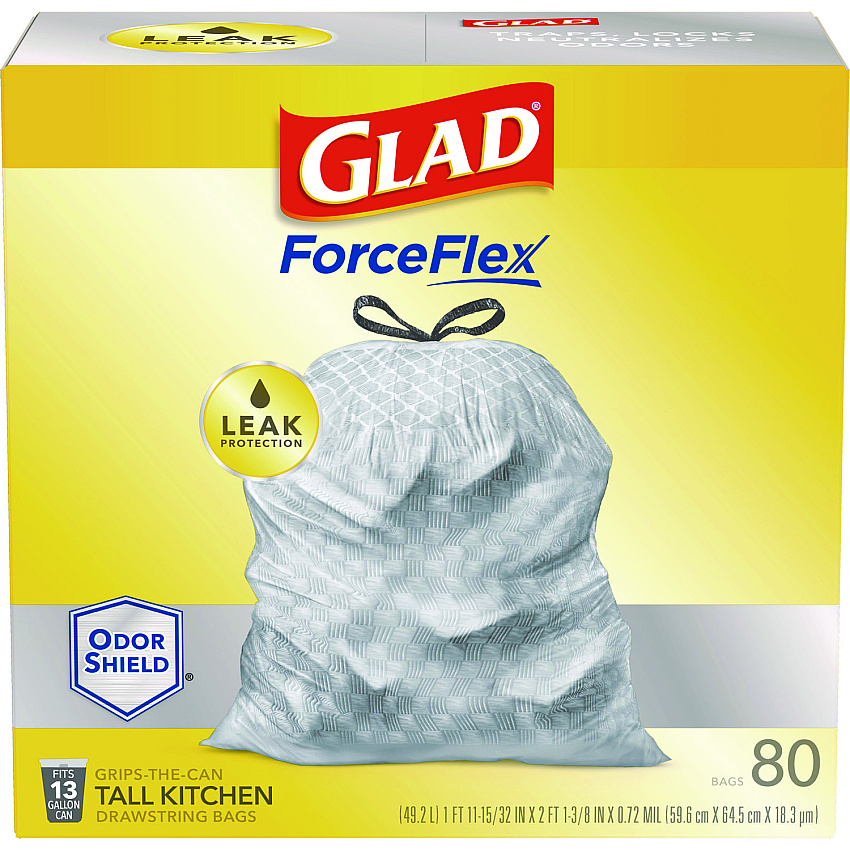 Glad Tall Kitchen Drawstring Trash Bags, 13 gal, 0.72 mil, 23.75" x 24.88", White, 240/Carton (79009)