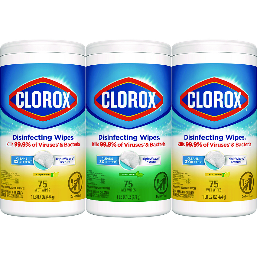 Clorox Disinfecting Wipes, 7 x 8, Fresh Scent/Citrus Blend, 75/Canister, 3/Pack (30208PK)