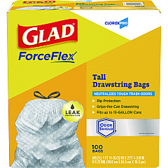 Glad ForceFlex Tall Kitchen Drawstring Trash Bags, 13 gal, 0.72 mil, 23.75" x 24.88", Gray, 100/Box (70427)