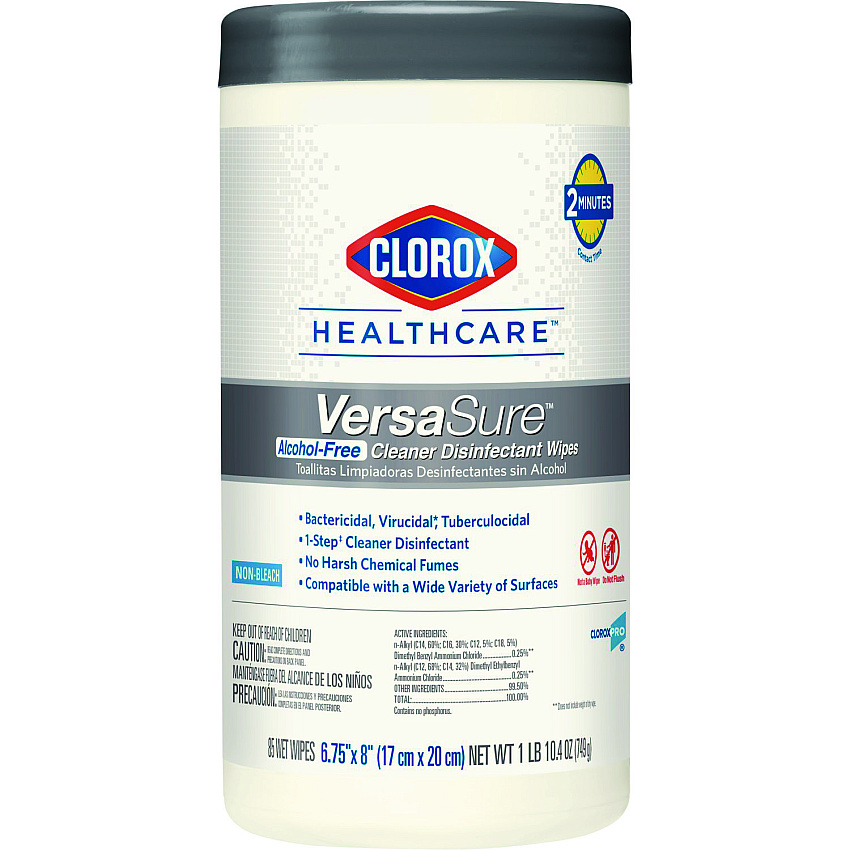 Clorox Healthcare VersaSure Cleaner Disinfectant Wipes, 1-Ply, 8 x 6.75, White, 85 Towels/Can (31757EA)