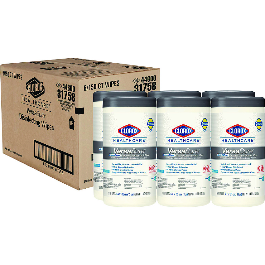 Clorox Healthcare VersaSure Cleaner Disinfectant Wipes, 1-Ply, 6.75 x 8, White, 150/Canister, 6 Canisters/Carton (31758)