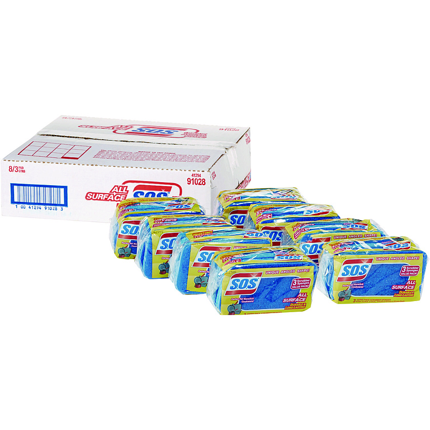S.O.S. All Surface Scrubber Sponge, 2.5 x 4.5, 0.9" Thick, Dark Blue, 3/Pack, 8 Packs/Carton (91028CT)