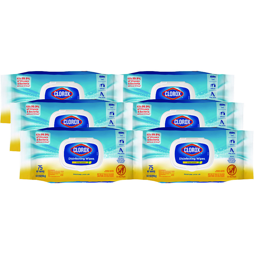Clorox Disinfecting Wipes, Easy Pull Pack, 1-Ply, 8 x 7, Lemon Scent, White, 75 Towels/Box, 6 Boxes/Carton (31404)