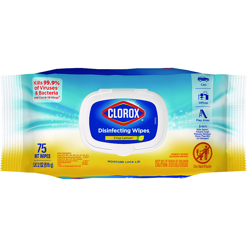 Clorox Disinfecting Wipes, Easy Pull Pack, 1-Ply, 8 x 7, Lemon Scent, White, 75 Towels/Box (31404EA)