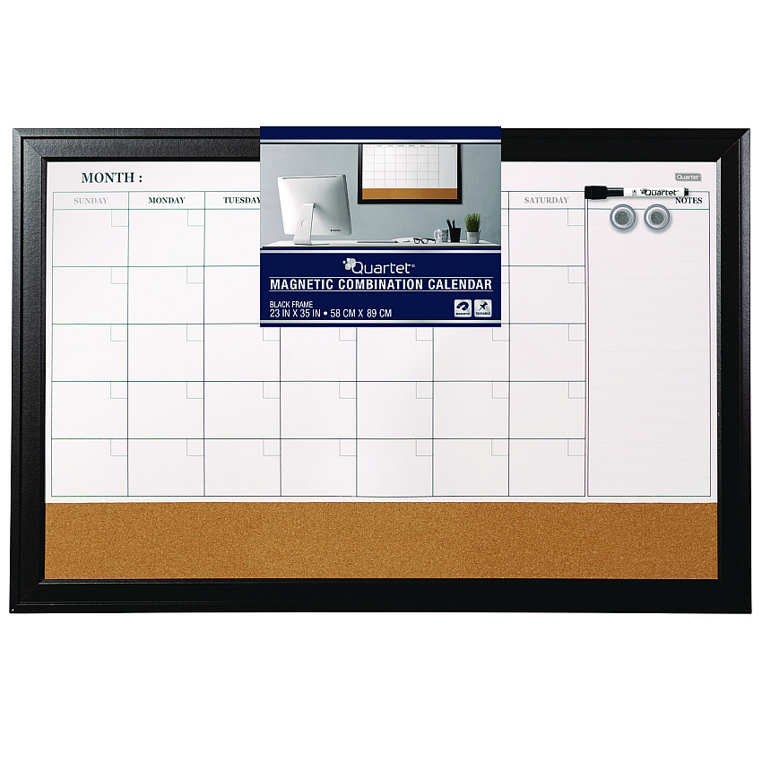 Quartet Magnetic Combination Dry Erase Calendar/Cork Board, 35 x 23, Black Wood Frame (79284)