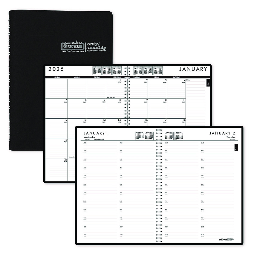 House of Doolittle 24/7 Recycled Daily Appointment Book/Monthly Planner, 10 x 7, Black Cover, 12-Month (Jan to Dec): 2023 (289632)
