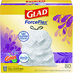 Glad OdorShield Tall Kitchen Drawstring Bags, 13 gal, 0.95 mil, 24" x 27.38", White, 80/Box (78902BX)