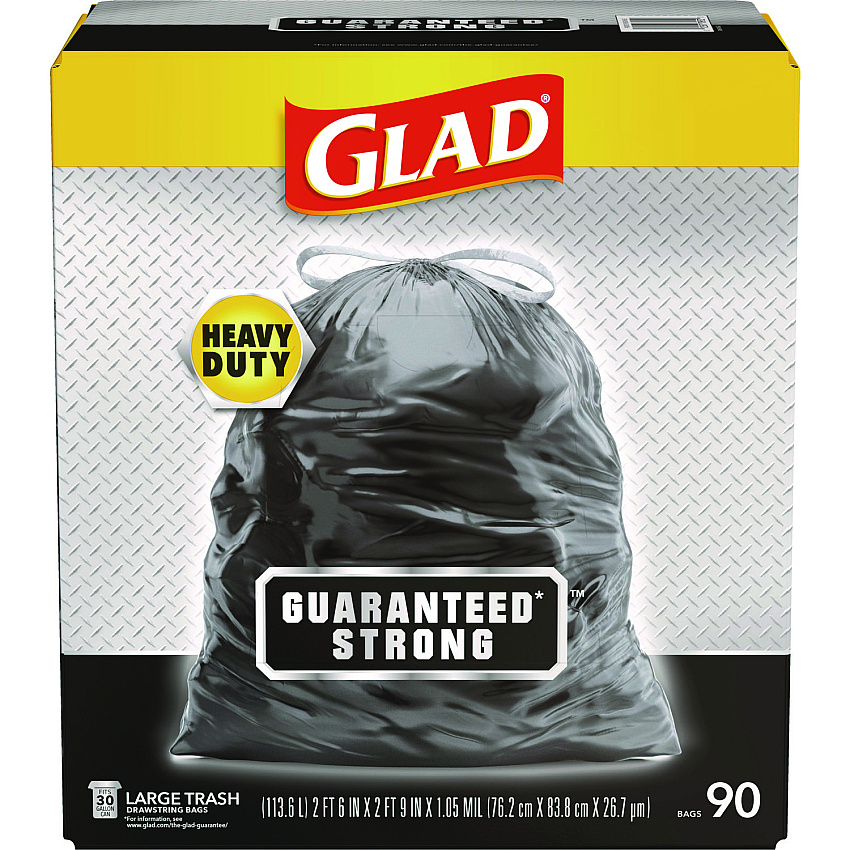Glad Drawstring Large Trash Bags, 30 gal, 1.05 mil, 30" x 33", Black, 90/Carton (78952)