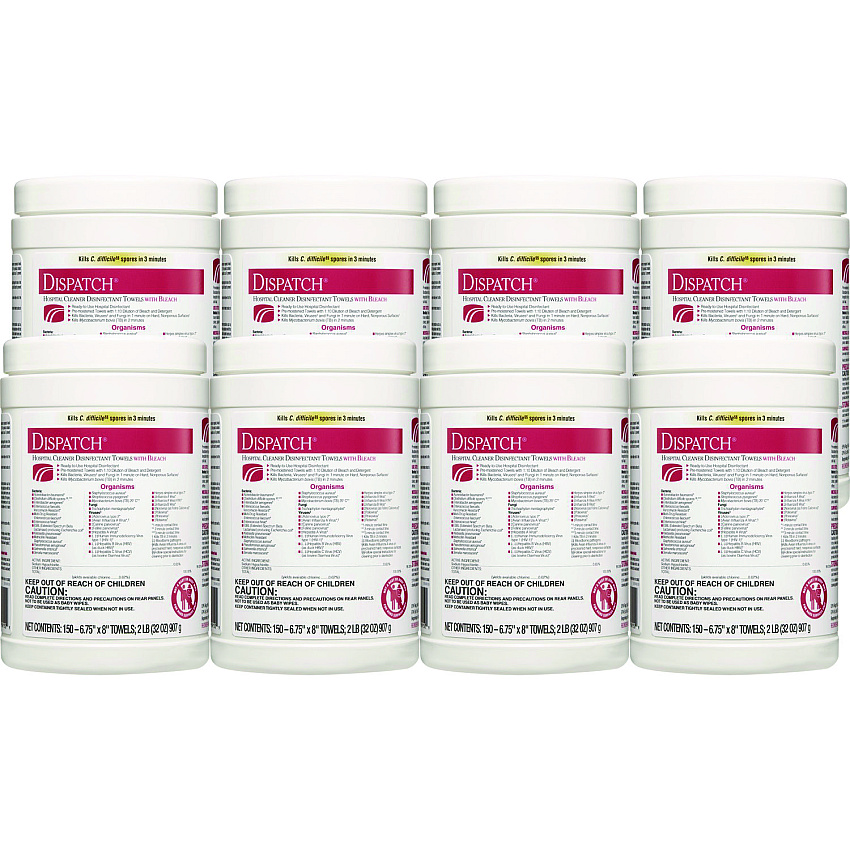 Clorox Healthcare Dispatch Cleaner Disinfectant Towels, 6.75 x 8, Unscented, 150/Canister, 8 Canisters/Carton (69150)