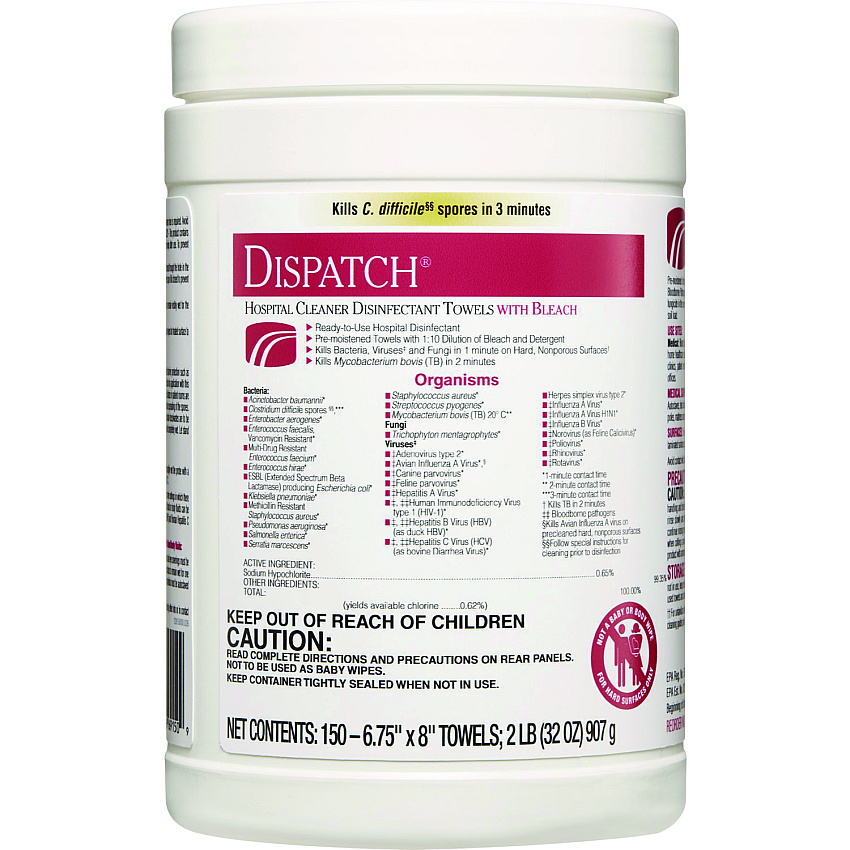 Clorox Healthcare Dispatch Cleaner Disinfectant Towels, 6.75 x 8, 150/Canister (69150EA)
