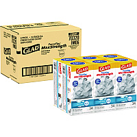 Glad ForceFlexPlus OdorShield Tall Kitchen Drawstring Trash Bags, 13 gal, 0.9 mil, 24" x 28", White, 204/Carton (70320)