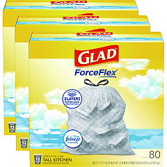 Glad OdorShield Tall Kitchen Drawstring Bags, 13 gal, 0.72 mil, 24" x 27.38", White, 240/Carton (78899)