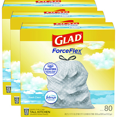 Glad OdorShield Tall Kitchen Drawstring Bags, 13 gal, 0.72 mil, 24" x 27.38", White, 240/Carton (78899)