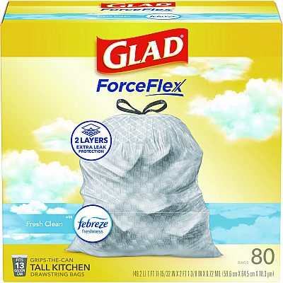 Glad OdorShield Tall Kitchen Drawstring Bags, 13 gal, 0.72 mil, 24" x 27.38", White, 80/Box (78899BX)