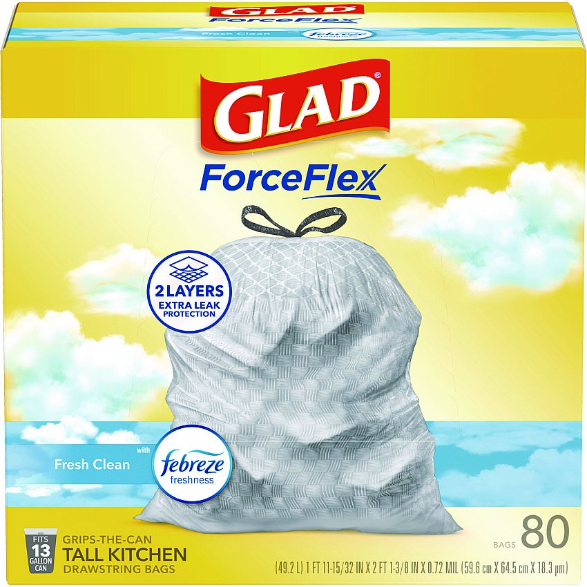 Glad OdorShield Tall Kitchen Drawstring Bags, 13 gal, 0.72 mil, 24" x 27.38", White, 80/Box (78899BX)
