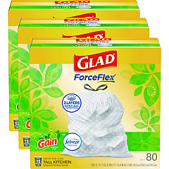 Glad OdorShield Tall Kitchen Drawstring Bags, 13 gal, 0.95 mil, 24" x 27.38", White, 240/Carton (78900)