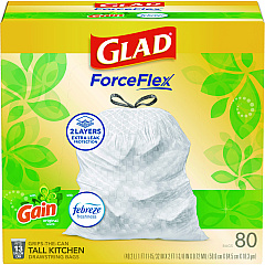 Glad OdorShield Tall Kitchen Drawstring Bags, 13 gal, 0.95 mil, 24" x 27.38", White, 80/Box (78900BX)