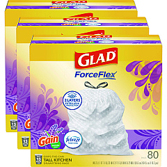 Glad OdorShield Tall Kitchen Drawstring Bags, 13 gal, 0.95 mil, 24" x 27.38", White, 240/Carton (78902)