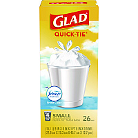 Glad OdorShield Quick-Tie Small Trash Bags, 4 gal, 0.5 mil, 8" x 18", White, 156/Carton (78812)
