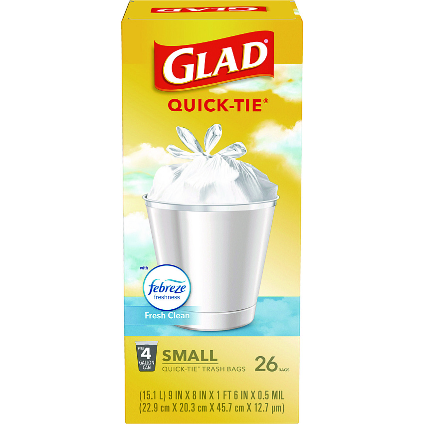 Glad OdorShield Quick-Tie Small Trash Bags, 4 gal, 0.5 mil, 8" x 18", White, 156/Carton (78812)