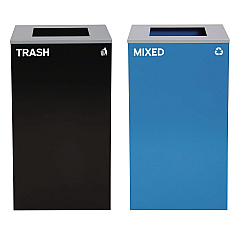 Alpine 29 Gallon Trash/Recycling Cans, Steel, Blue Mixed Recycling Can with Square Lid, Black Trash Can with Square Lid (4450BLKKIT2)