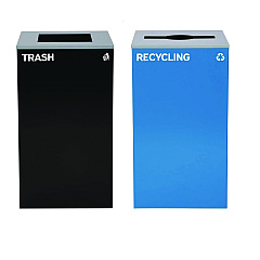 Alpine 29 Gallon Trash/Recycling Cans, Steel, Blue Recycling with Mixed Lid, Black Trash Can with Square Lid (4450BLKKIT4)