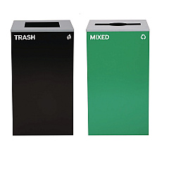 Alpine 29 Gallon Trash/Recycling Cans, Steel, Green Mixed Recycling Can with Mixed Lid, Black Trash Can with Square Lid (4450BLKKIT11)