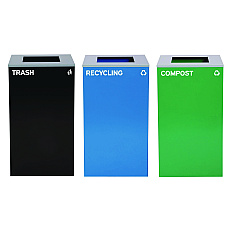 Alpine 29 Gallon Trash/Recycling Cans, Steel, Blue Recycling Can, Green Compost Can, Black Trash Can with Square Lids (4450BLKKIT14)