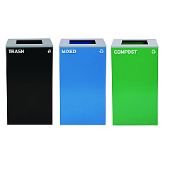 Alpine 29 Gallon Trash/Recycling Cans, Steel, Blue Mixed Recycling Can, Green Compost Can, Black Trash Can with Square Lids (4450BLKKIT15)
