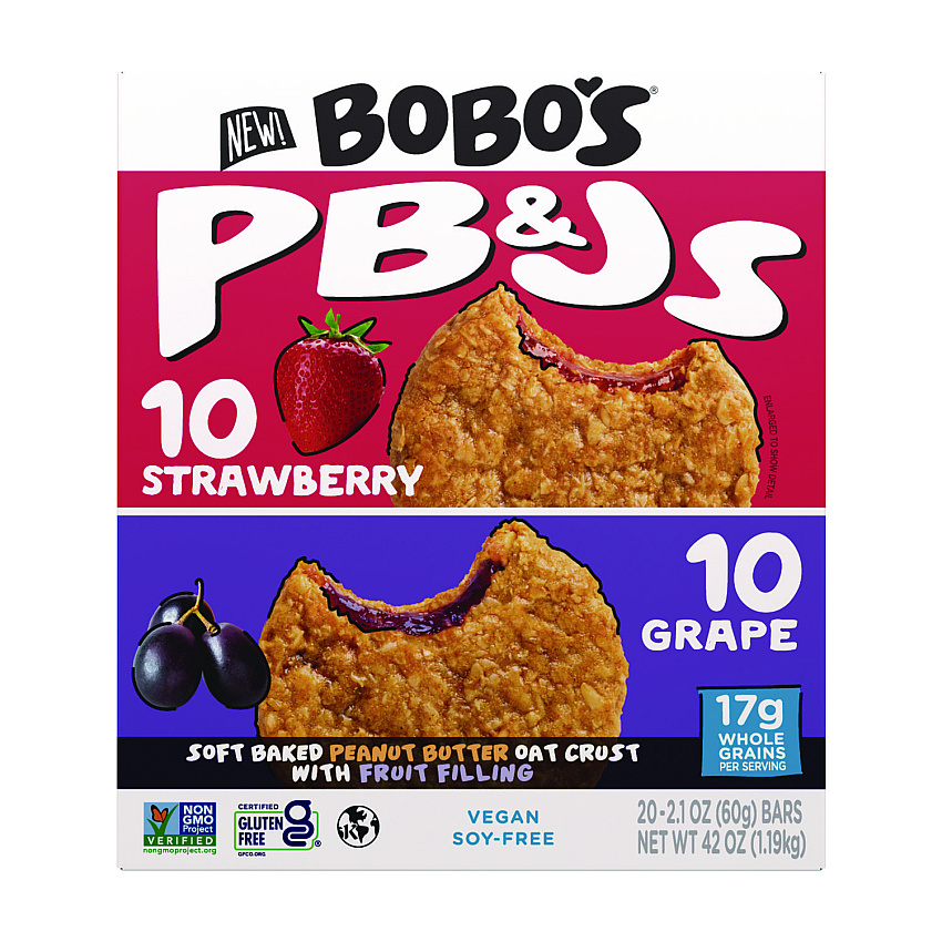 Bobo's PB and J Variety Pack, Peanut Butter/Grape and Peanut Butter/Strawberry, 2.1 oz Bar, 12/Box (BBO00478)