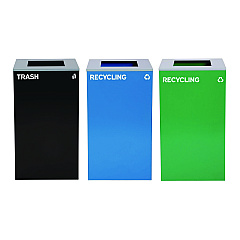 Alpine 29 Gallon Trash/Recycling Cans, Steel, Blue Recycling Can, Green Recycling Can, Black Trash Can with Square Lids (4450BLKKIT17)