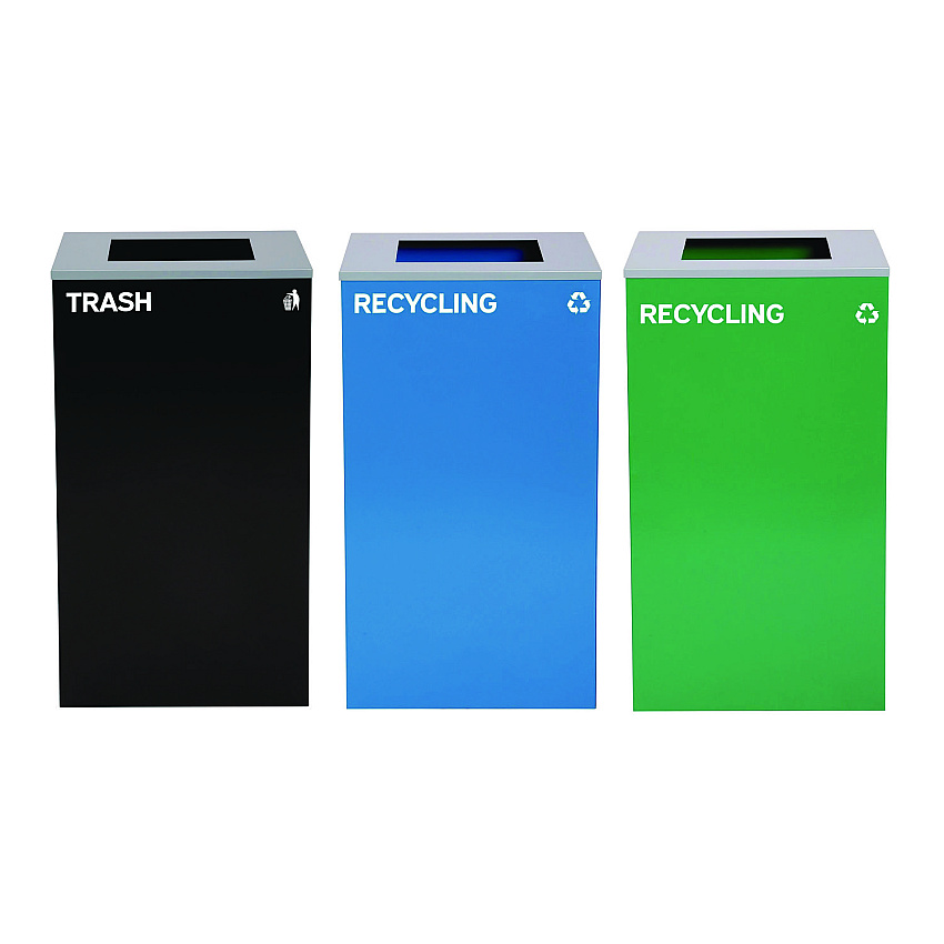 Alpine 29 Gallon Trash/Recycling Cans, Steel, Blue Recycling Can, Green Recycling Can, Black Trash Can with Square Lids (4450BLKKIT17)