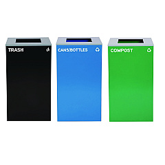 Alpine 29 Gallon Trash/Recycling Cans, Steel, Blue Cans/Bottles Recycling Can, Green Compost Can, Black Trash Can with Square Lids (4450BLKKIT16)