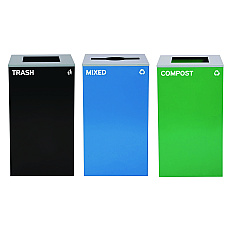 Alpine 29 Gallon Trash/Recycling Cans, Steel, Blue Mixed Recycling Can w/Mixed Lid, Green Compost and Black Trash Cans w/Square Lids (4450BLKKIT19)