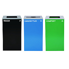 Alpine 29 Gallon Trash/Recycling Cans, Steel, Blue Cans/Bottles Recycling Can w/Mixed Lid, Green Compost and Black Trash w/Sq Lid (4450BLKKIT20)