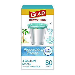 Glad Small Kitchen Drawstring Trash Bags, 4 gal, Beachside Breeze Scent, 0.5 mil, 18" x 17", Blue, 80/Box (79155)
