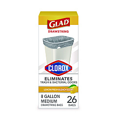 Glad Medium Drawstring Trash Bags with Clorox, 8 gal, Lemon Fresh Bleach Scent, 0.74 mil, 23" x 21.63", Gray, 26/Box (79316)