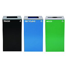 Alpine 29 Gallon Trash/Recycling Cans, Steel, Blue Recycling and Black Trash Cans w/Square Lid, Green Mixed Recycling Can Mixed Lid (4450BLKKIT22)