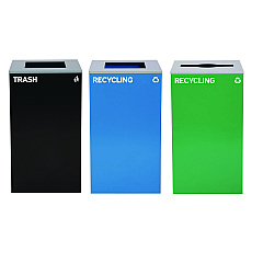 Alpine 29 Gallon Trash/Recycling Cans, Steel, Blue Recycling Can and Black Trash Can w/Sq Lid, Green Recycling Can with Mixed Lid (4450BLKKIT21)