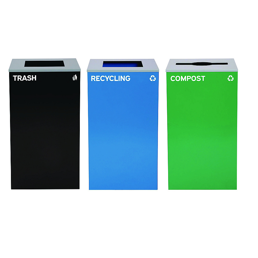 Alpine 29 Gallon Trash/Recycling Cans, Steel, Blue Recycling Can and Black Trash Can w/Square Lids, Green Compost Can with Mixed Lid (4450BLKKIT23)