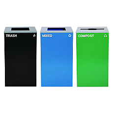 Alpine 29 Gallon Trash/Recycling Cans, Steel, Blue Mixed Recycling and Black Trash Cans w/Square Lids, Green Compost Can w/Mixed Lid (4450BLKKIT24)