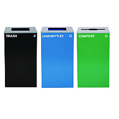 Alpine 29 Gallon Trash/Recycling Cans, Steel, Blue Cans/Bottles Recycling and Black Trash Can w/Sq Lid, Green Compost Can Mixed Lid (4450BLKKIT25)