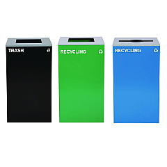 Alpine 29 Gallon Trash/Recycling Cans, Steel, Blue Recycling Can w/Mixed Lid, Green Recycling Can and Black Trash Can with Sq Lid (4450BLKKIT26)