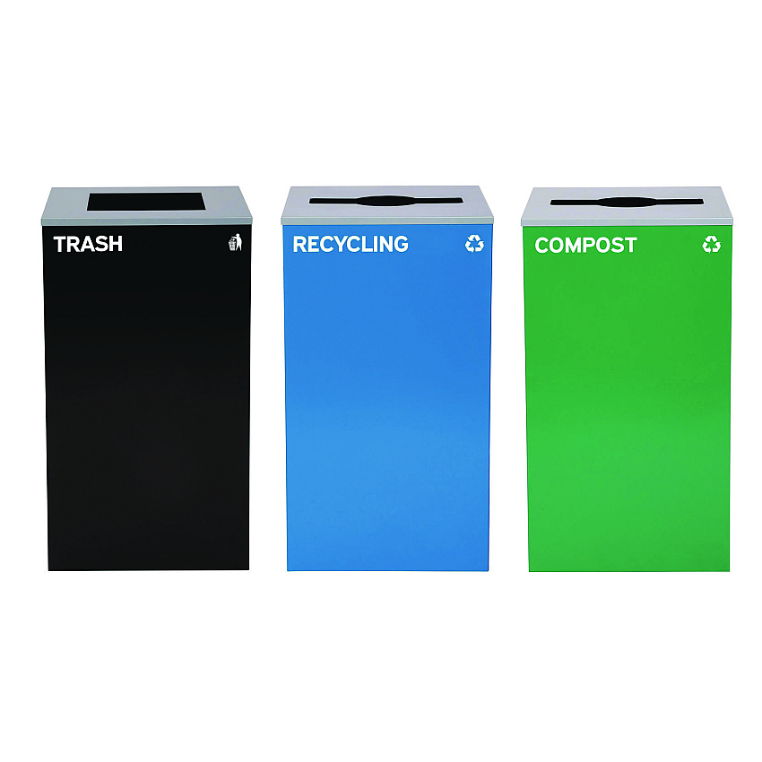 Alpine 29 Gallon Trash/Recycling Cans, Steel, Blue Recycling Can and Green Compost Can w/Mixed Lids, Black Trash Can with Square Lid (4450BLKKIT27)