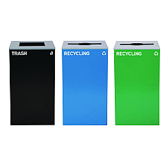 Alpine 29 Gallon Trash/Recycling Cans, Steel, Blue Recycling Can and Green Recycling Can w/Mixed Lids, Black Trash Can w/Square Lid (4450BLKKIT30)