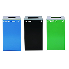 Alpine 29 Gallon Trash/Recycling Cans, Steel, Blue Cans/Bottles with Circle Lid, Green Compost and Black Trash Cans with Square Lids (4450BLKKIT34)