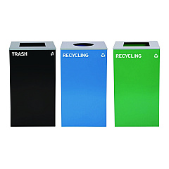 Alpine 29 Gallon Trash/Recycling Cans, Steel, Blue Recycling Can w/Circle Lid, Green Recycling Can and Black Trash Can w/Square Lids (4450BLKKIT35)