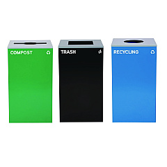 Alpine 29 Gallon Trash/Recycling Cans, Steel, Blue Recycling Can w/Circle Lid, Green Compost w/Mixed Lid, Black Trash w/Square Lid (4450BLKKIT36)