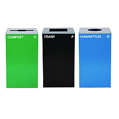 Alpine 29 Gallon Trash/Recycling Cans, Steel, Blue Cans/Bottles Recycling w/Circle Lid, Green Compost w/Mixed Lid, BK Trash w/Sq Lid (4450BLKKIT38)