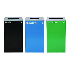 Alpine 29 Gallon Trash/Recycling Cans, Steel, Blue Recycling Can w/Circle Lid, Green Recycling w/Mixed Lid, Black Trash w/Square Lid (4450BLKKIT39)